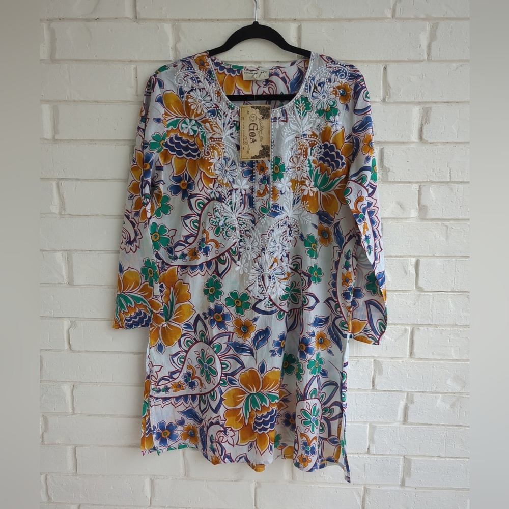 Vintage GOA Sheer Cotton Blouse Floral Embroidery Boho Indie Resort Wear L XL